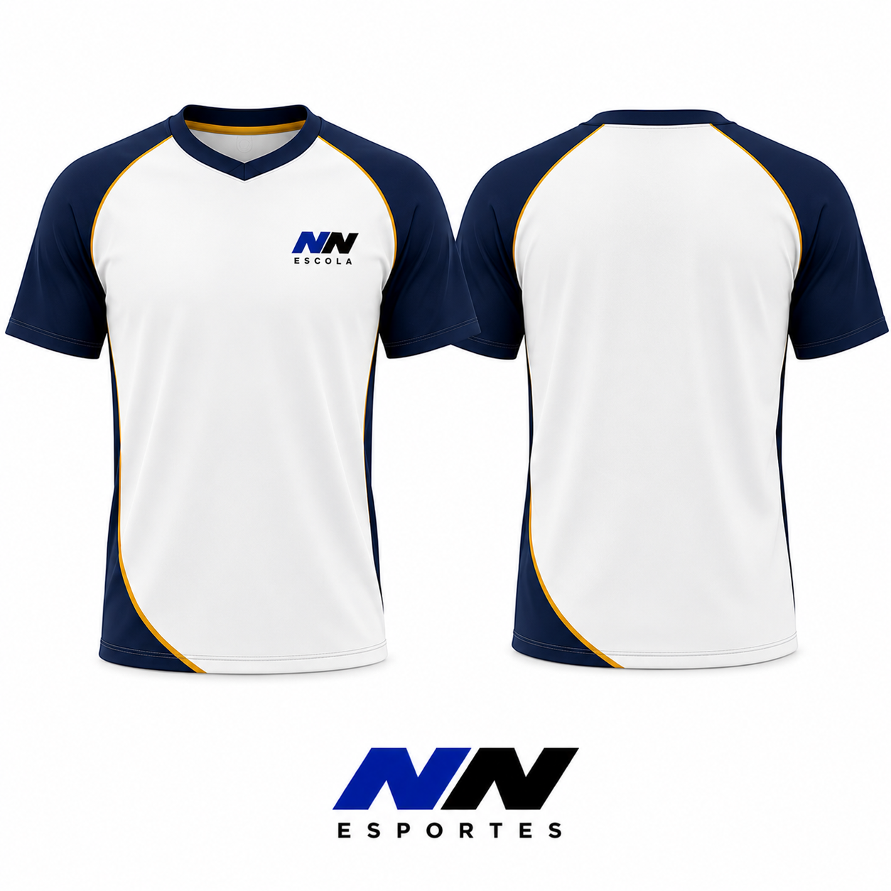 Camiseta escolar branca e azul marinho